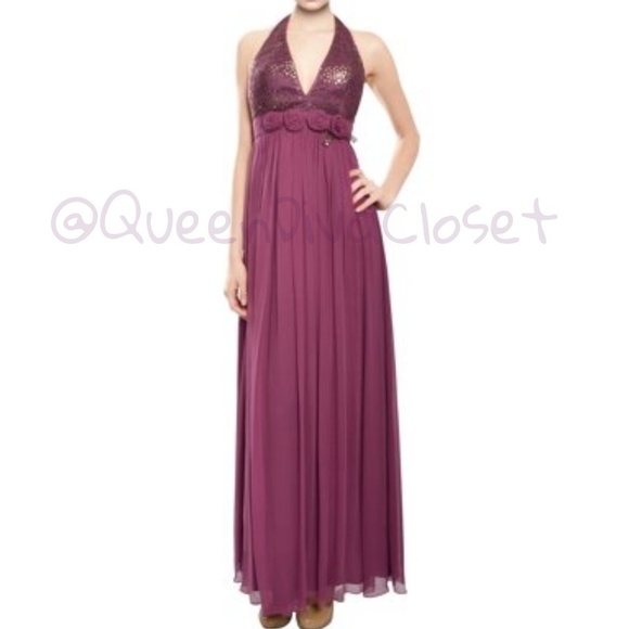 Grape plum purple rose halter maxi dress gown 10 - Picture 2 of 9